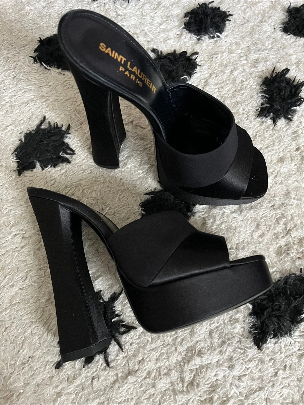 Saint Laurent size 7 Boogie 110 Black Satin Platform Mule Heels new